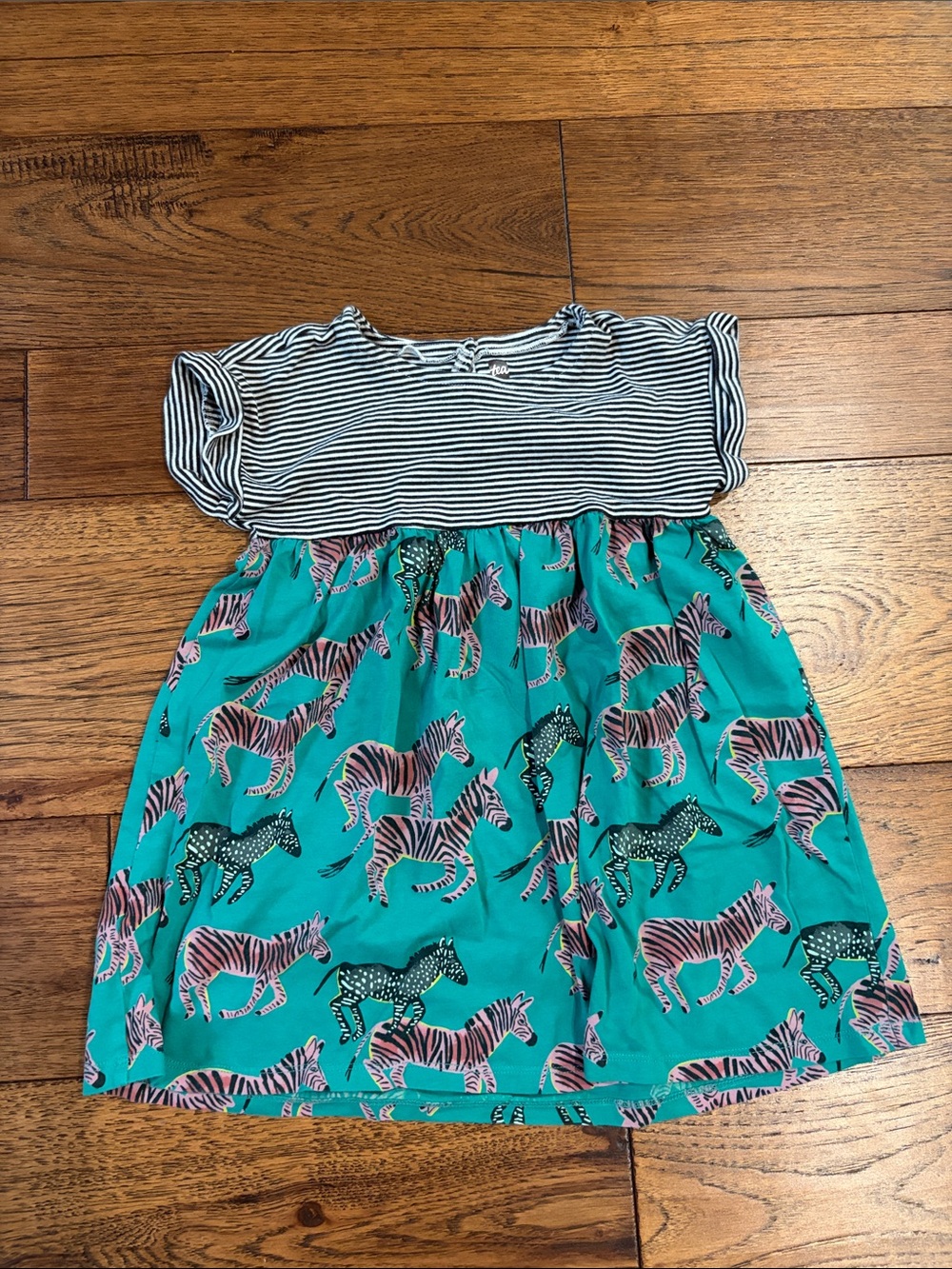 Tea Collection Teal Zebra Print Dress with Black & White Striped Top